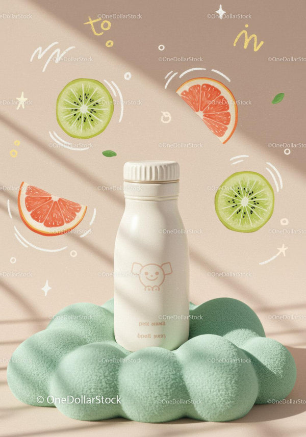 Minimalist smoothie bottle with fruits and soft cushion