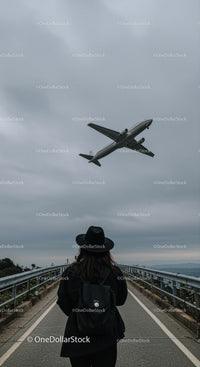Woman in Black Hat Watching Airplane Flying Over Bridge in Urban Environment
