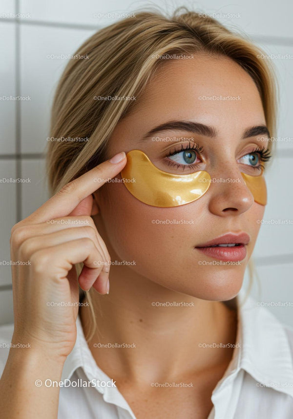Woman with Blue Eyes Using Golden Under-Eye Mask for Skincare