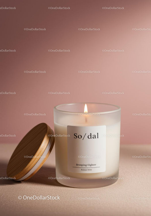 White Scented Candle with Wooden Lid in Soothing Interior Setting JPG Mockup Image