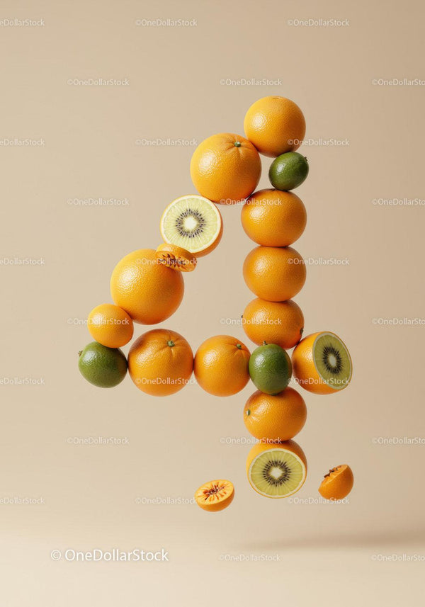 Number Four Composed of Floating Citrus Fruits