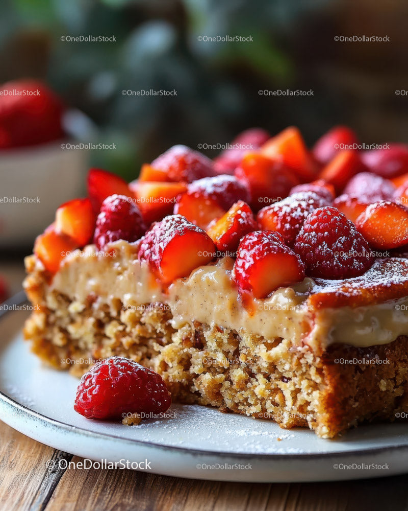 Fresh Strawberry Cake with Cream Filling and Crumbly Base
