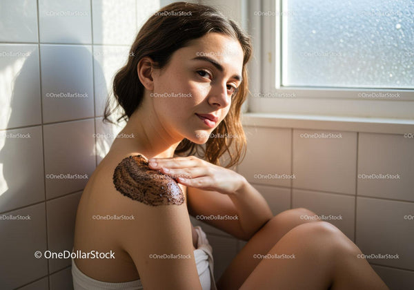 Young woman applying natural scrub on shoulder at home