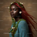 Elegant Portrait of a Woman with Flowing Red Hair and Botanical Accessories