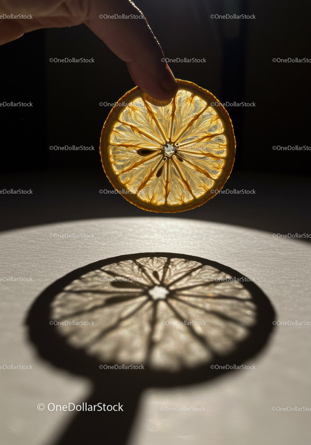 Hand Holding Illuminated Dried Orange Slice with Shadow