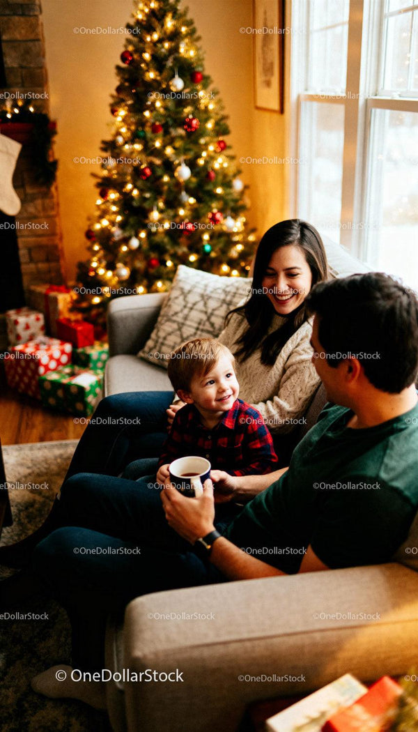 Family enjoying warm Christmas moments by decorated tree