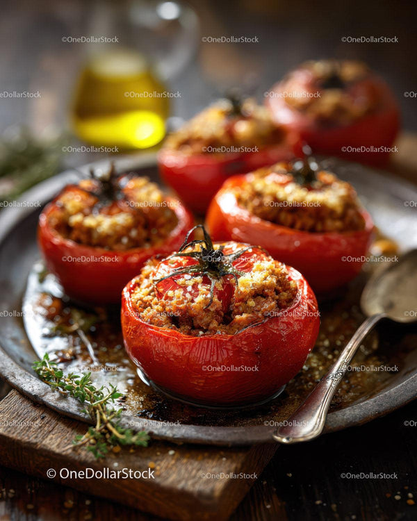 Stuffed Cherry Tomatoes with Herb Filling on Rustic Plate