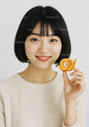 Young Asian Woman Holding Mandarin Orange in Bright Interior