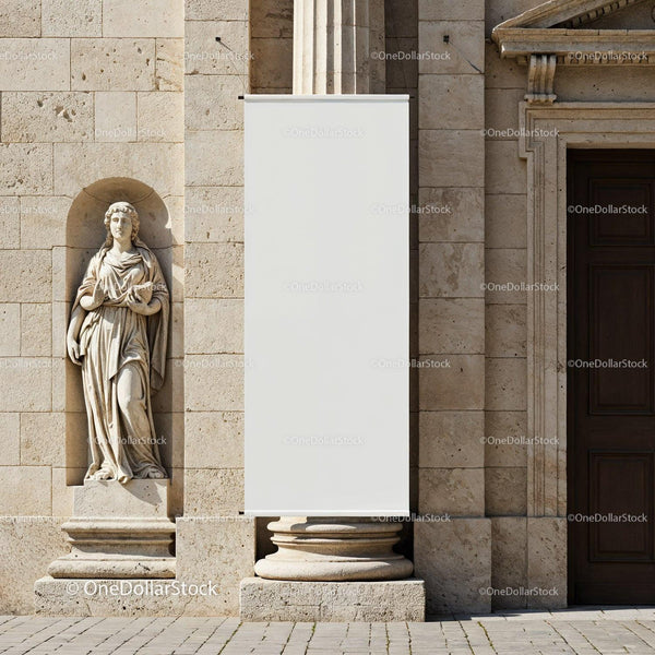 Ancient stone statue beside blank banner on classic building JPG Mockup Image