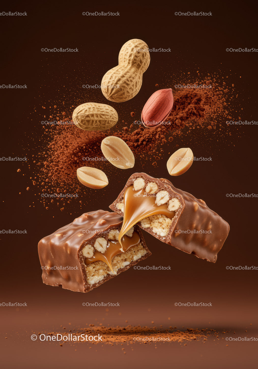 Chocolate caramel bar with peanuts and cocoa powder