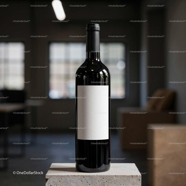 Minimalist wine bottle with blank label on concrete block JPG Mockup Image
