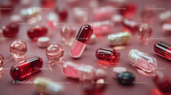 Close-Up of Red and White Capsules and Tablets on Pink Background
