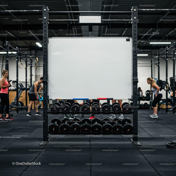 Modern gym with dumbbells and active people training JPG Mockup Image