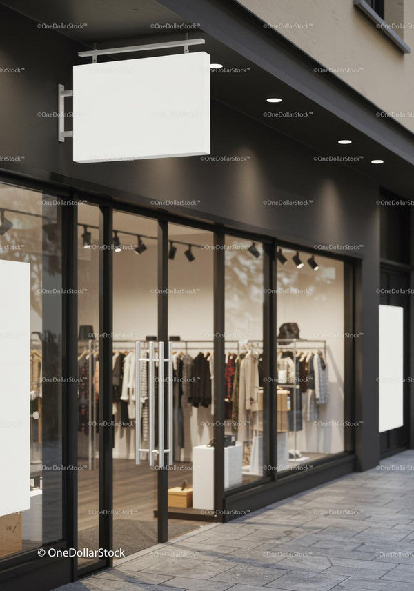 Modern clothing store exterior with clear glass entrance JPG Mockup Image