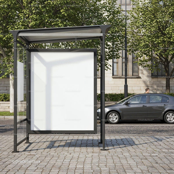 Empty bus stop advertisement board on city street JPG Mockup Image