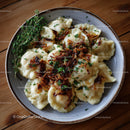 Dumplings with Bacon and Herbs Served in Rustic Bowl