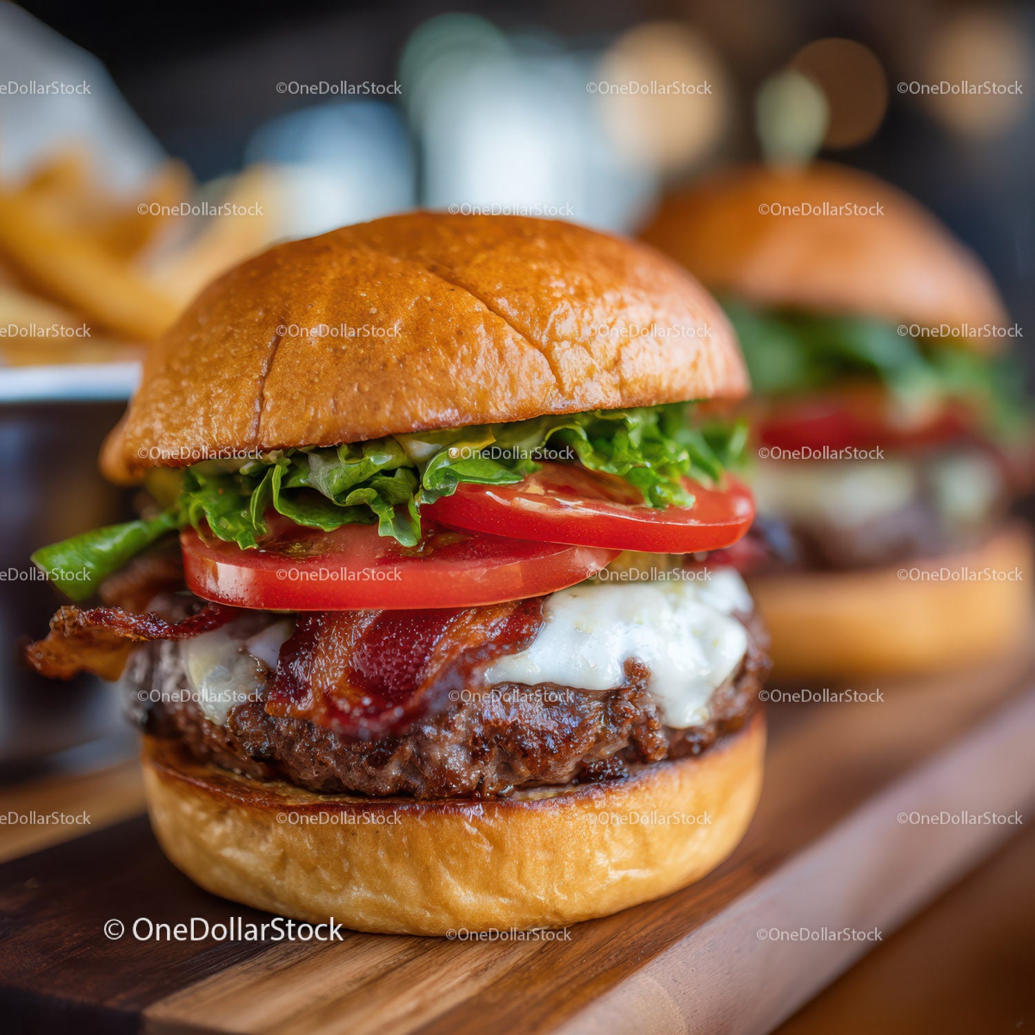 Juicy Beef Cheeseburger with Bacon, Tomato and Lettuce