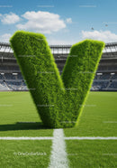 Large Grass Letter V on Football Field Center Line