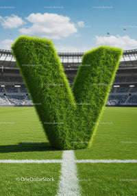 Large Grass Letter V on Football Field Center Line