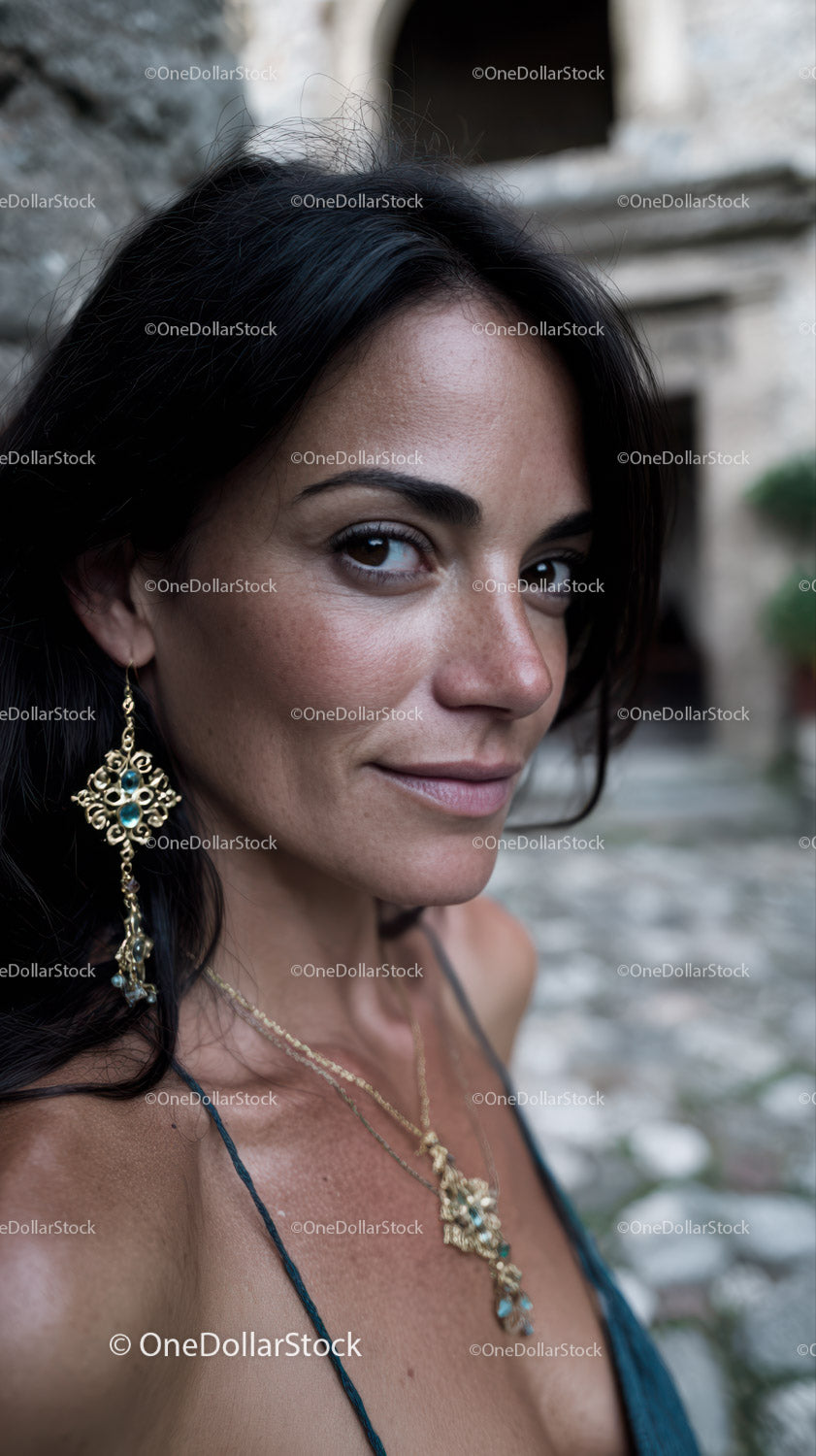 Elegant Woman Wearing Gold Jewelry with Turquoise in Outdoor Setting
