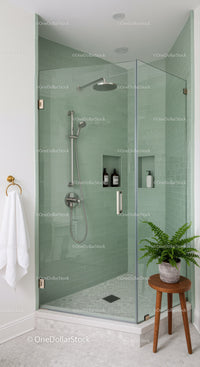 Modern Glass Shower with Soft Green Tile and Wooden Stool