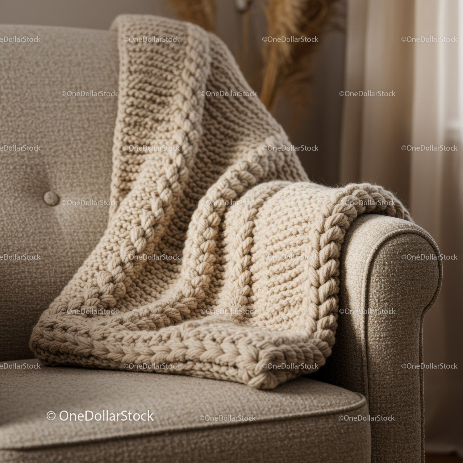 Cozy knitted blanket draped over beige sofa armrest