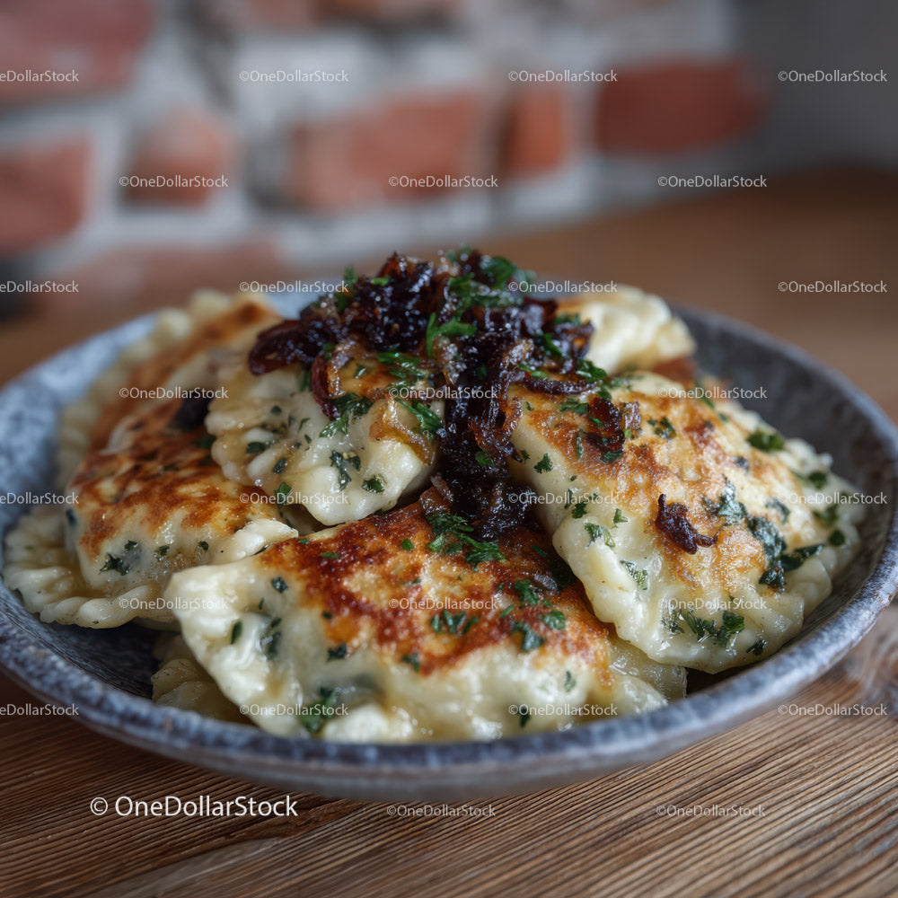 Steamed Pork Dumplings with Sauce and Garnish on Rustic Plate
