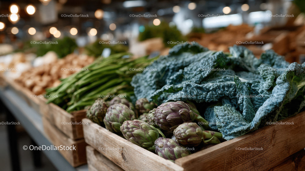 Fresh Artichokes and Kale in Wooden Market Crates