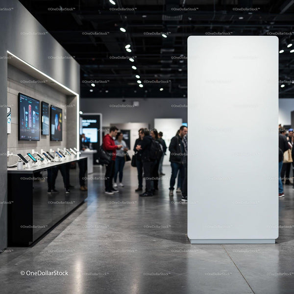 Modern tech store interior with people exploring devices JPG Mockup Image