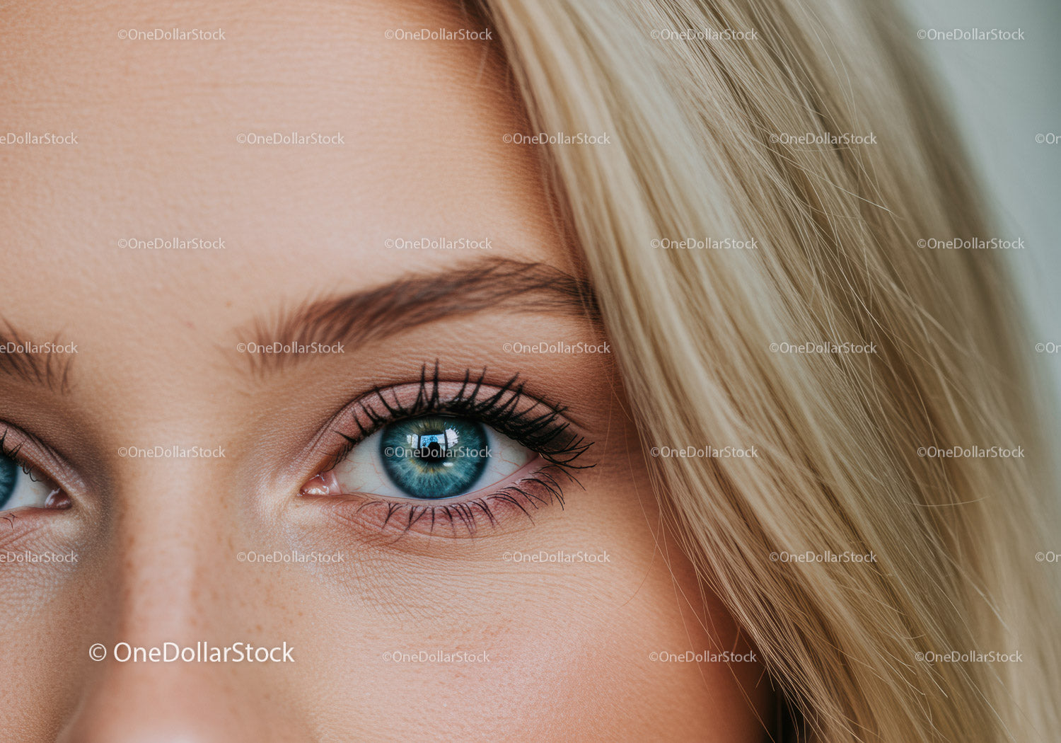 Close up of clear blue eye with natural makeup