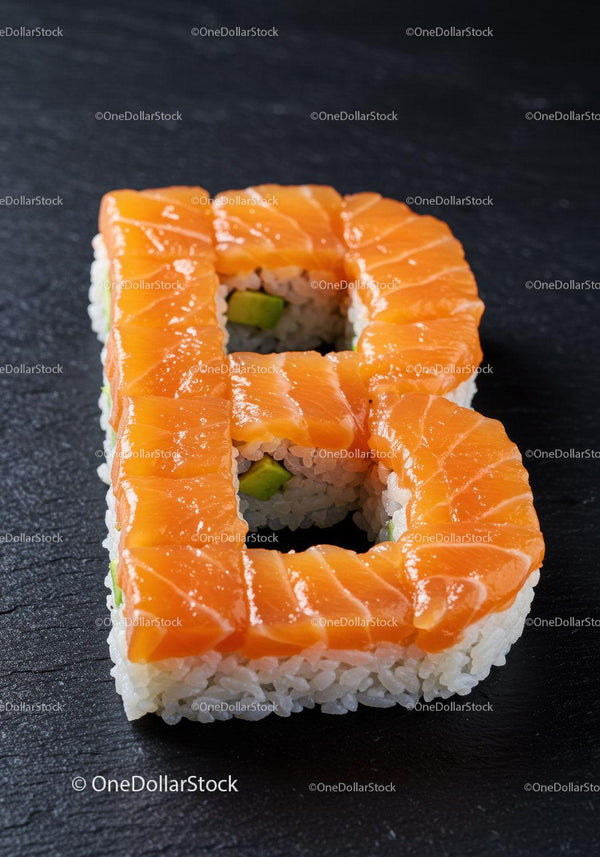 Sushi shaped as letter B with fresh salmon and avocado