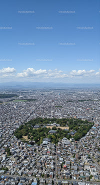 Aerial View of Dense Cityscape with Green Park and Blue Sky