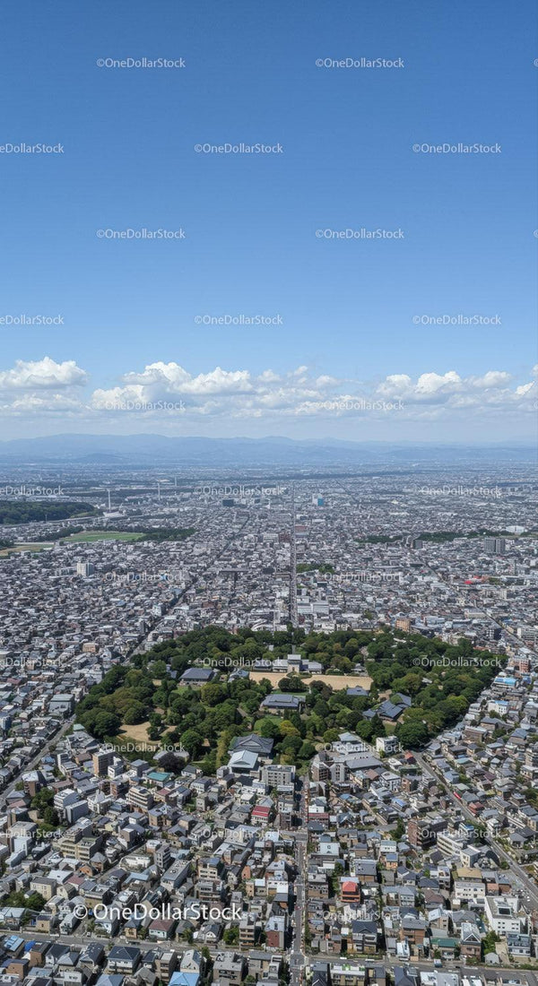 Aerial View of Dense Cityscape with Green Park and Blue Sky