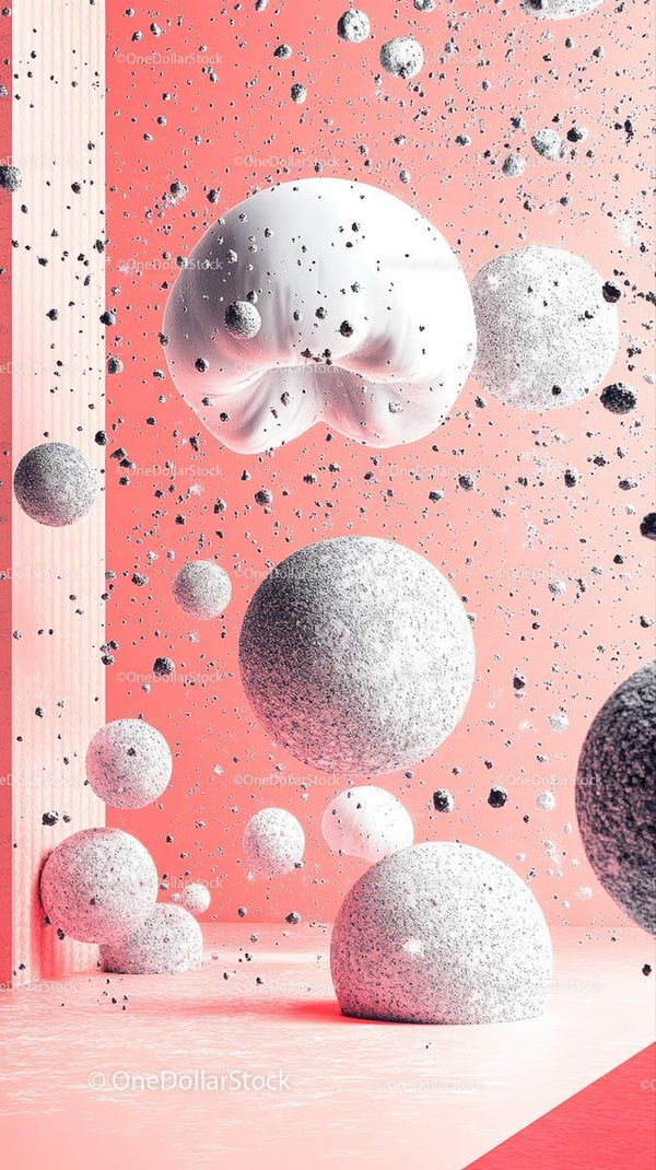 Abstract Floating Spheres with Textured Surfaces in Pink Background