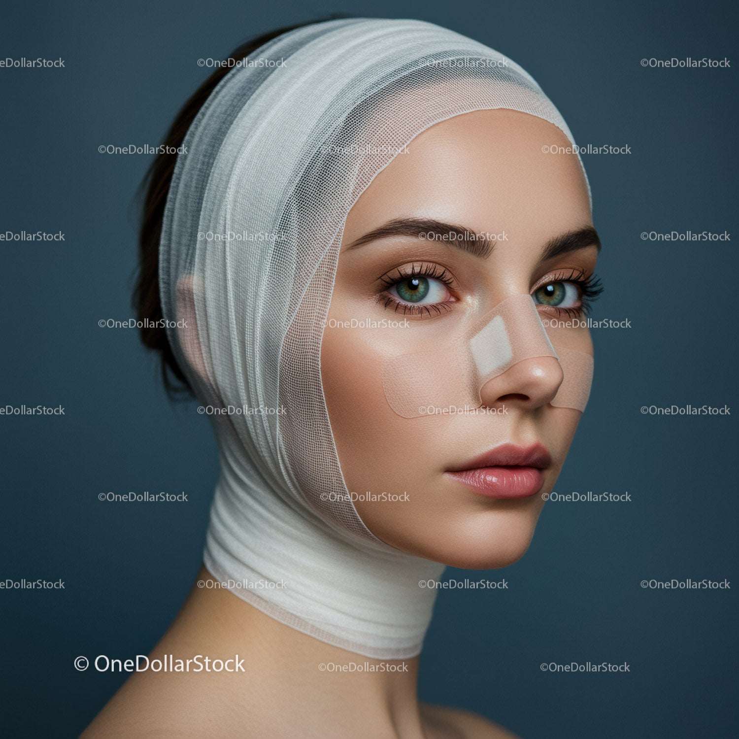 Portret kobiety z zabandażowaną twarzą i gojącą się skórą