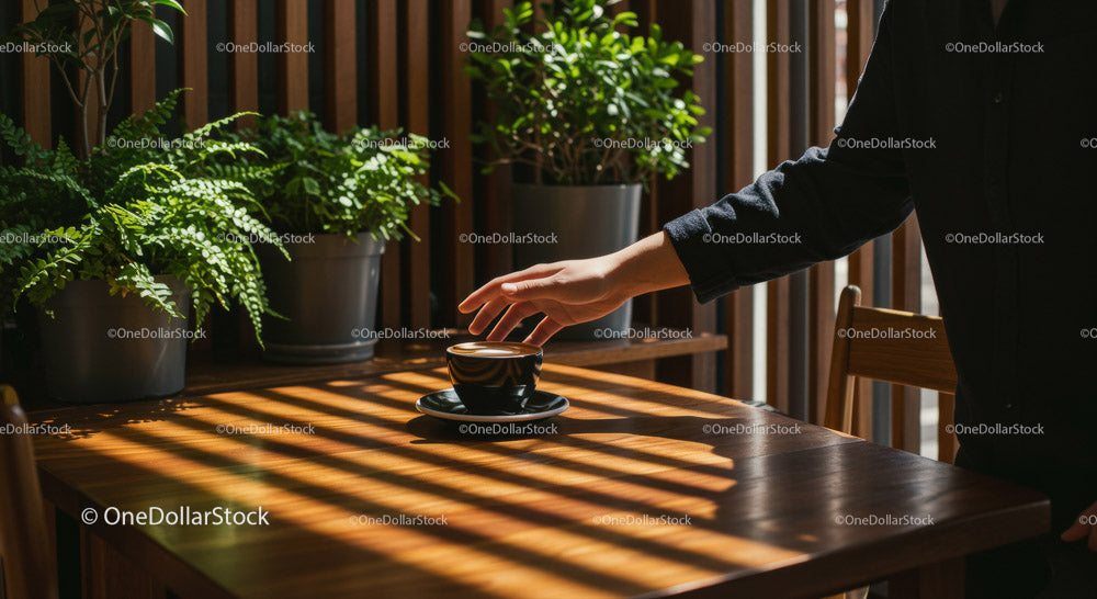 Hand Holding Coffee Cup in a Cozy Cafe Surrounded by Plants