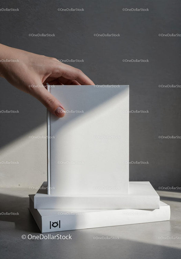 Hand Holding Blank White Book on Stacked Books JPG Mockup Image