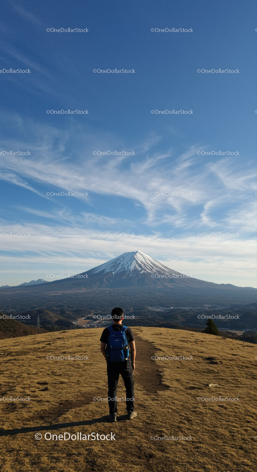 Hiker Trekking Toward Snow-Capped Mountain Peak in Scenic Landscape