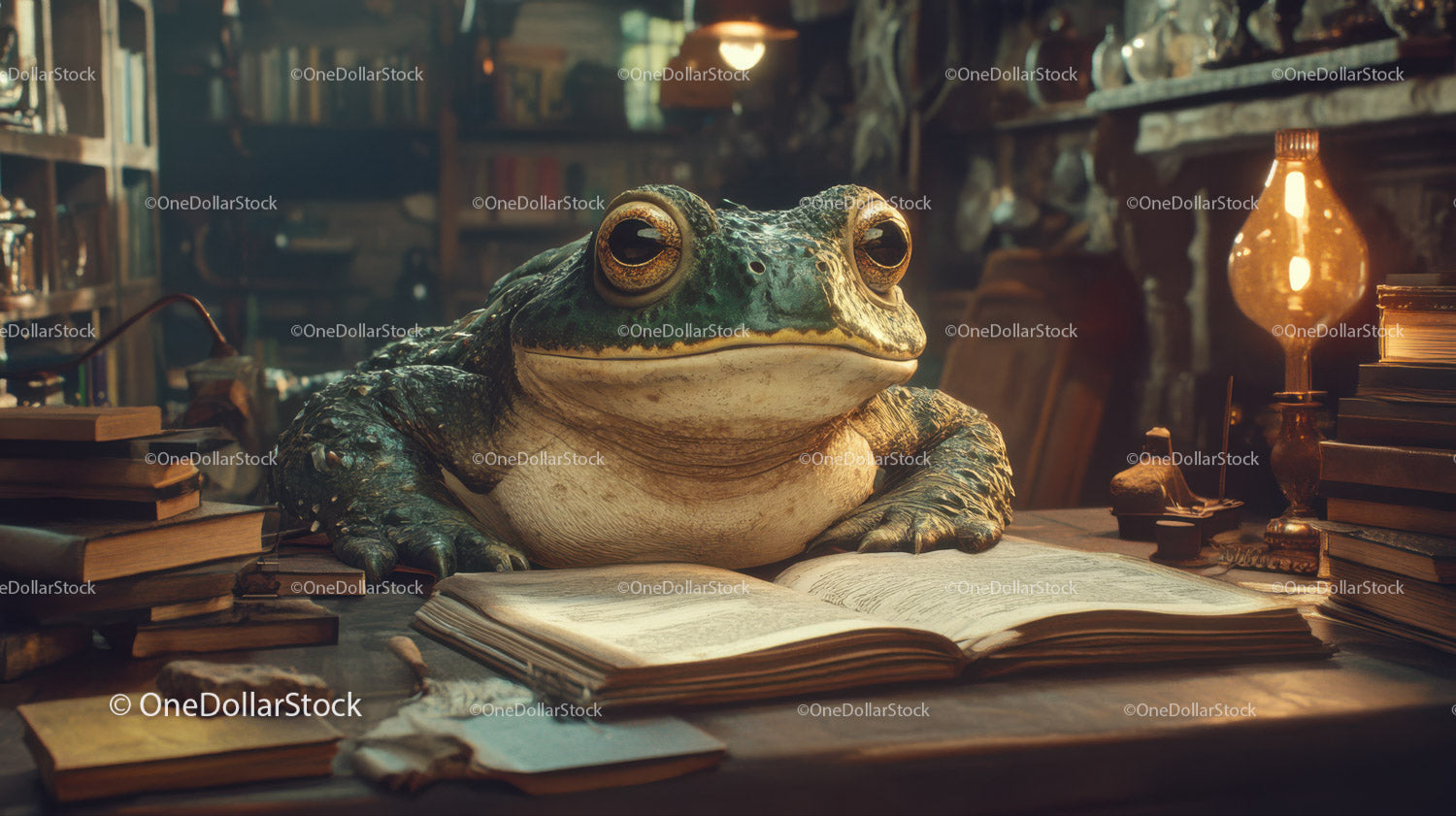 Scena w starej bibliotece z ciekawą zieloną żabą otoczoną książkami