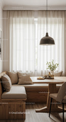 Bright Minimalist Dining Area with Wooden Furniture and Soft Curtains