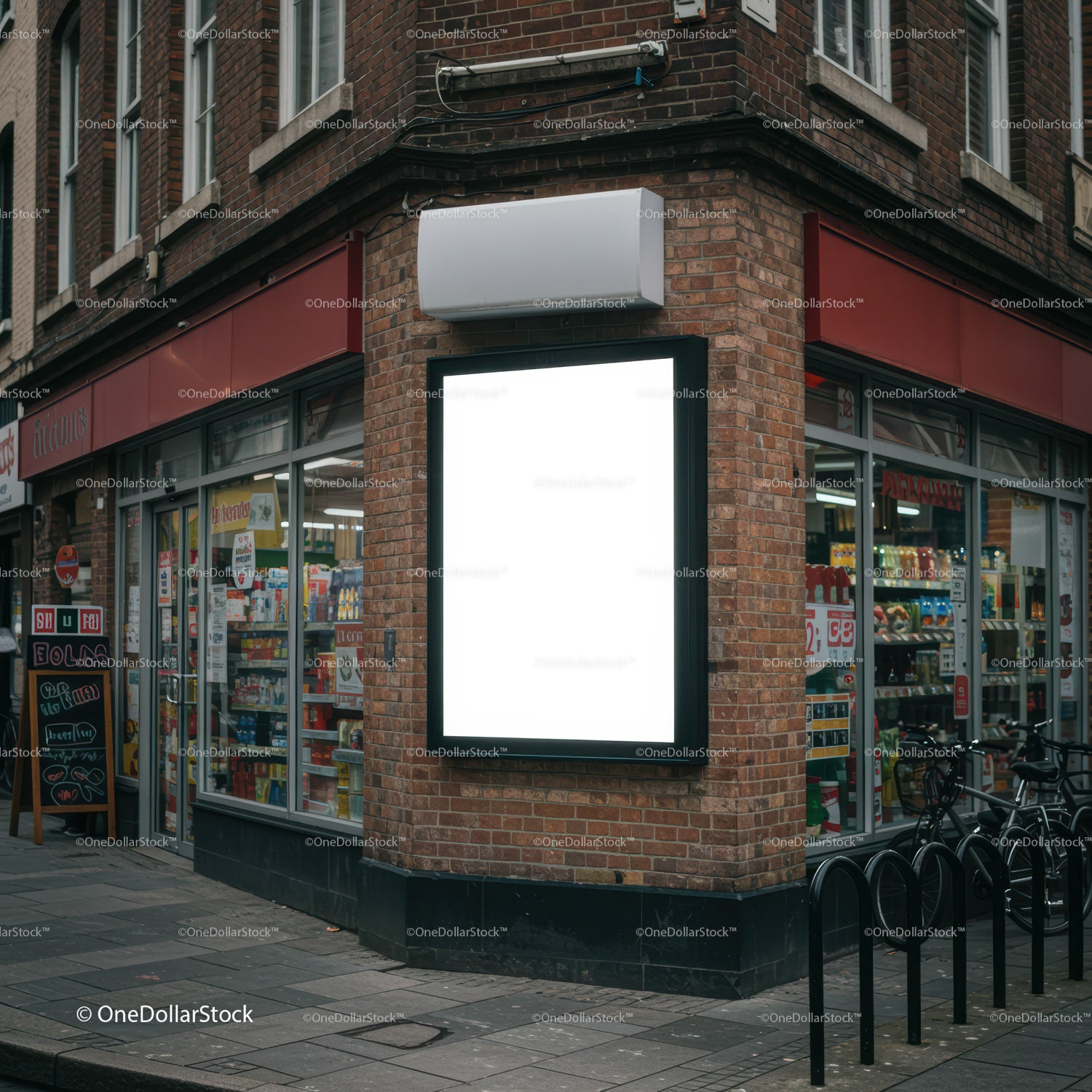 Blank Lightbox on Corner of Urban Convenience Store