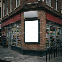 Blank Lightbox on Corner of Urban Convenience Store