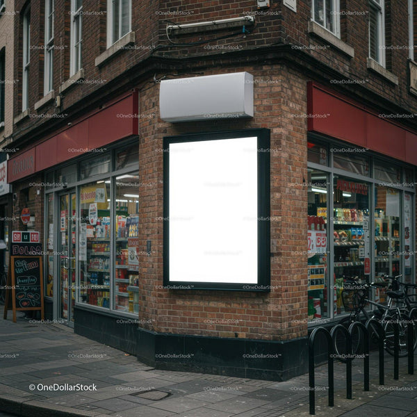Blank Lightbox on Corner of Urban Convenience Store JPG Mockup Image