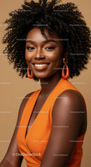 Elegant African American Woman with Curly Hair in Orange Dress