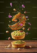 Delicate pistachio tart with caramel decoration and petals