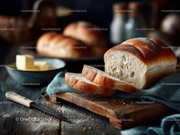 Rustic Artisan Bread on Wooden Table with Kitchen Background