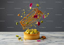 Elegant Pistachio Tart with Caramel and Floral Decoration