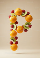 Fresh fruit composition forming the letter P with vivid colors