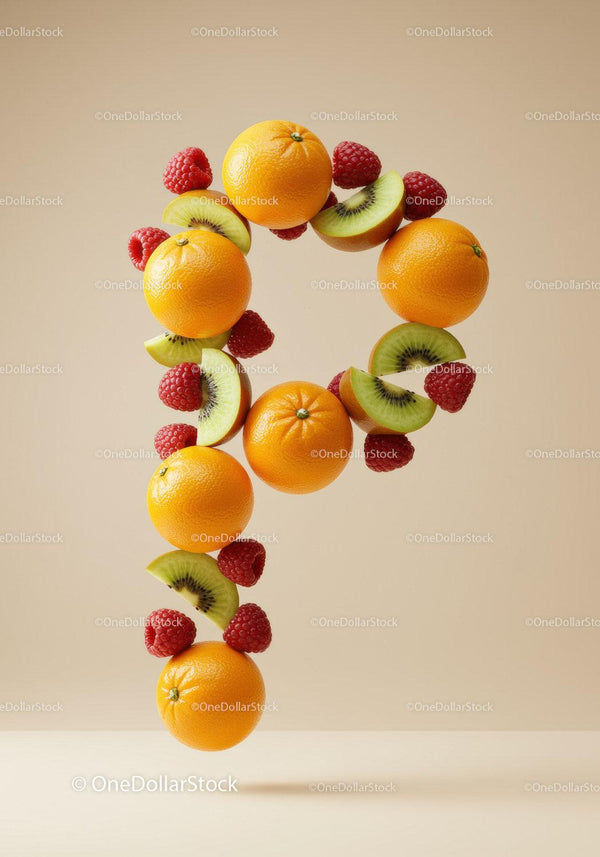 Fresh fruit composition forming the letter P with vivid colors