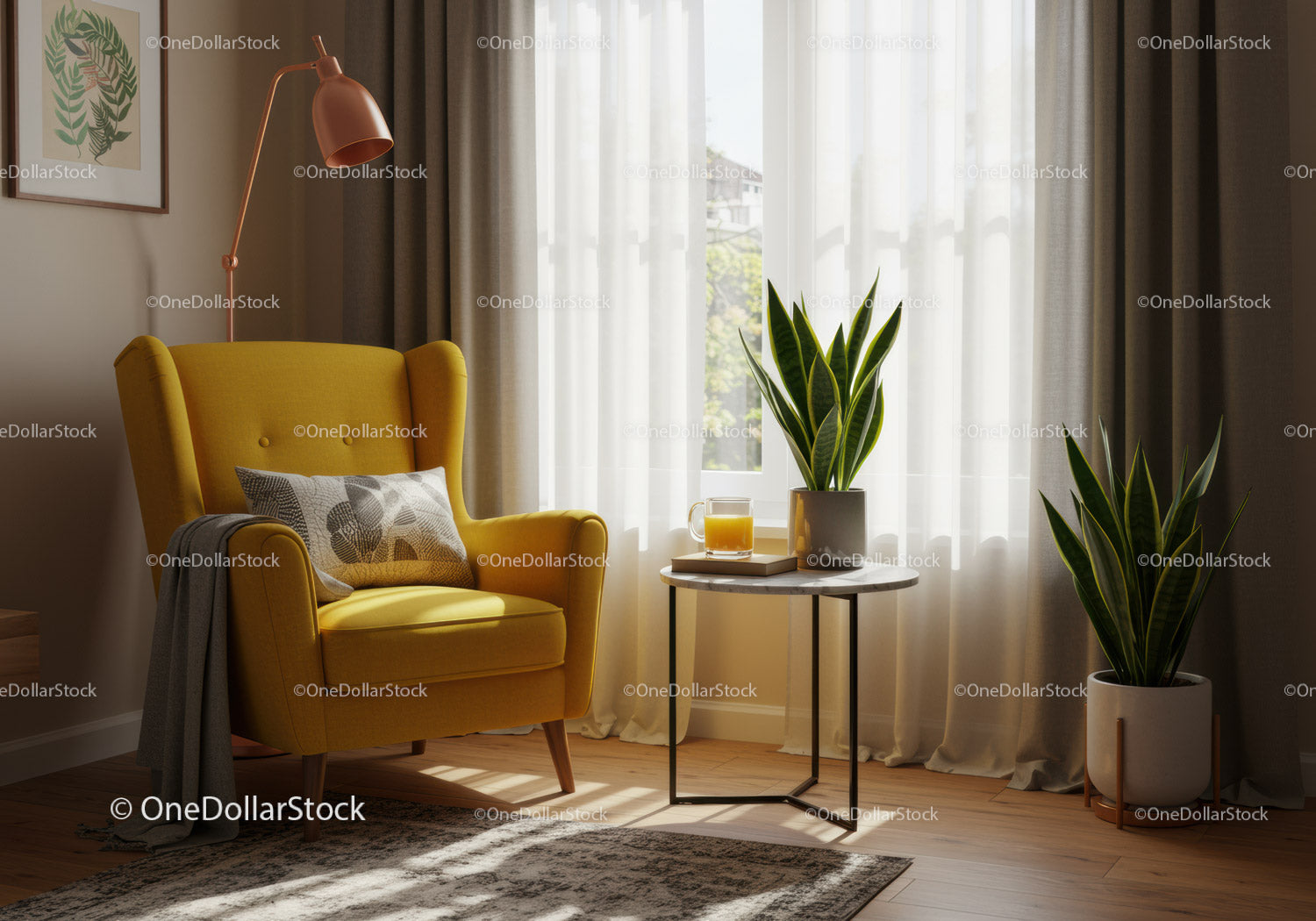 Cozy yellow armchair with plants near bright window